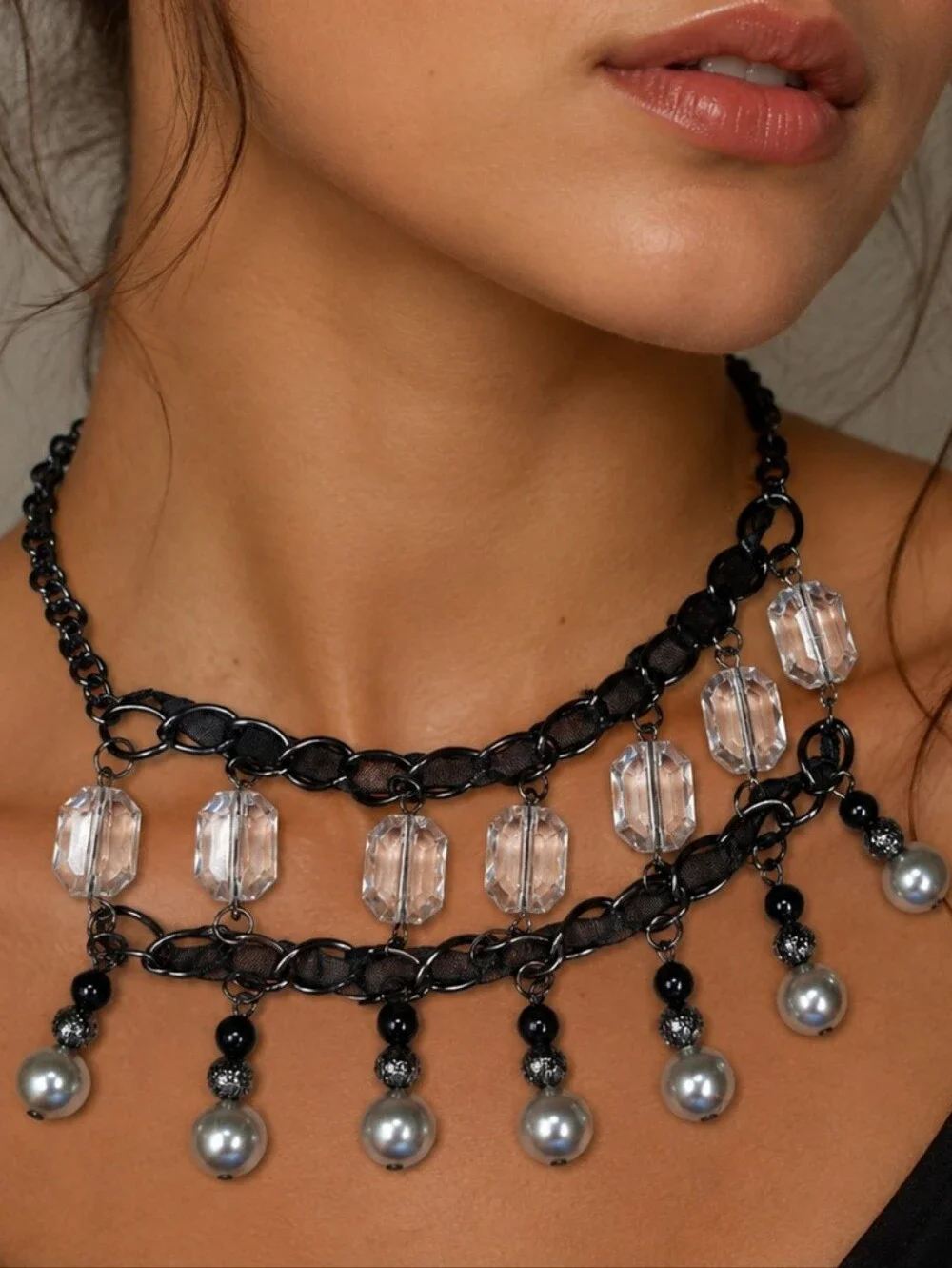 Statement Choker Necklace Victorian Revival Crystal & Beaded Faux Pearl Fringe